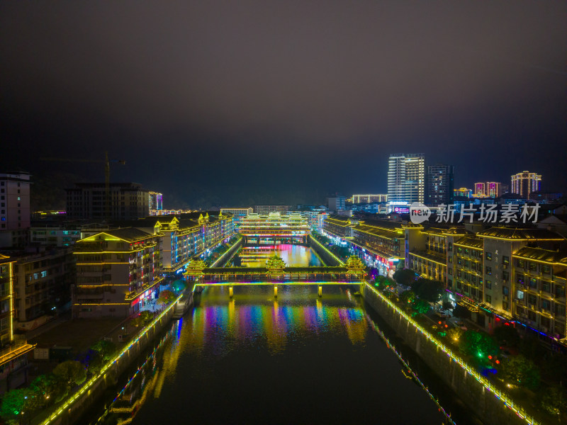 湖南怀化通道廊桥侗族风雨桥夜景航拍