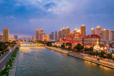 天津海河风景奥式风情区城市日落风光航拍