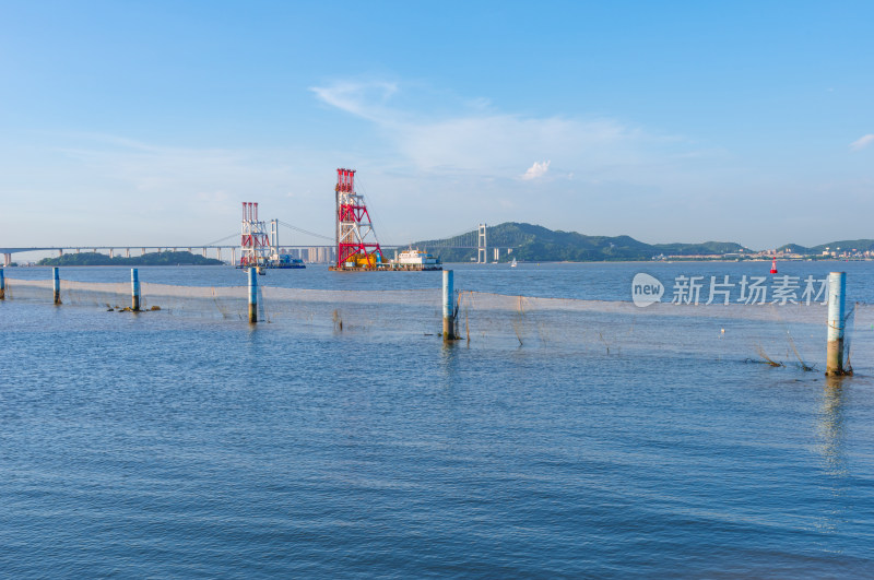 广州南沙滨海沙滩风光与港口货船