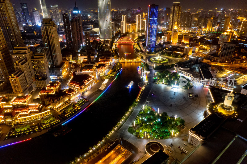 天津城市夜景交通航拍图