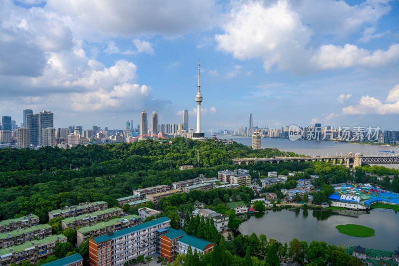 武汉夏季白天远眺长江大桥与黄鹤楼景区