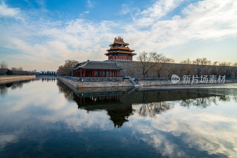 北京角楼倒影相映成趣的故宫景观