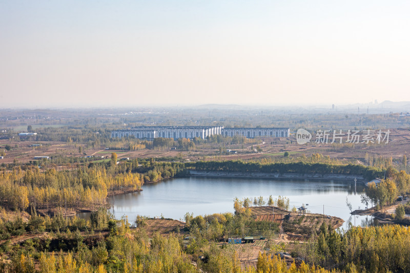 湖泊树林与远处建筑群景观