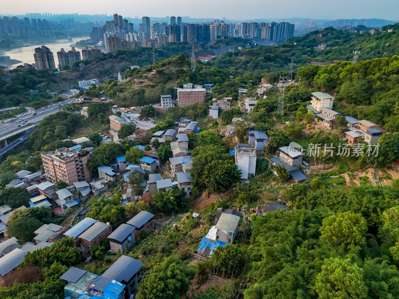 重庆晚霞城市风光航拍图