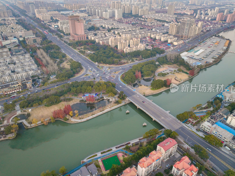 航拍昆山冬日城市日落风光大景