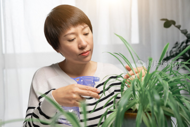 在家修剪花草的中国女性形象