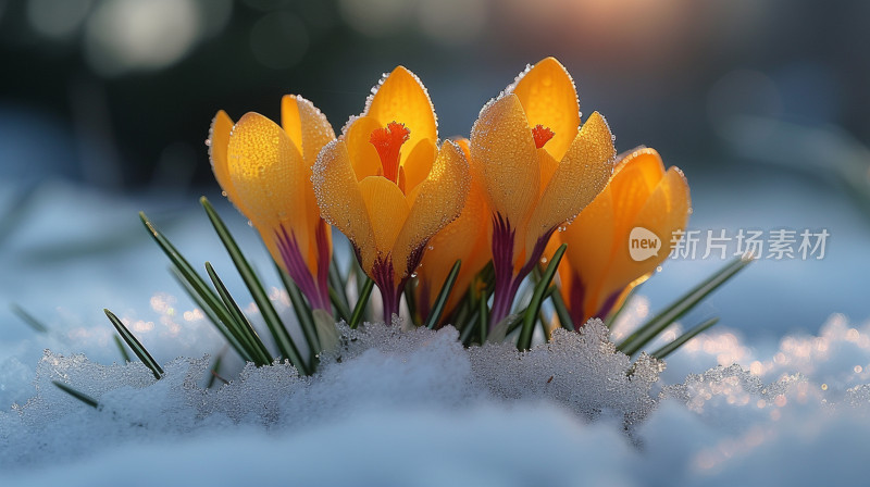 雪中绽放的黄色番红花