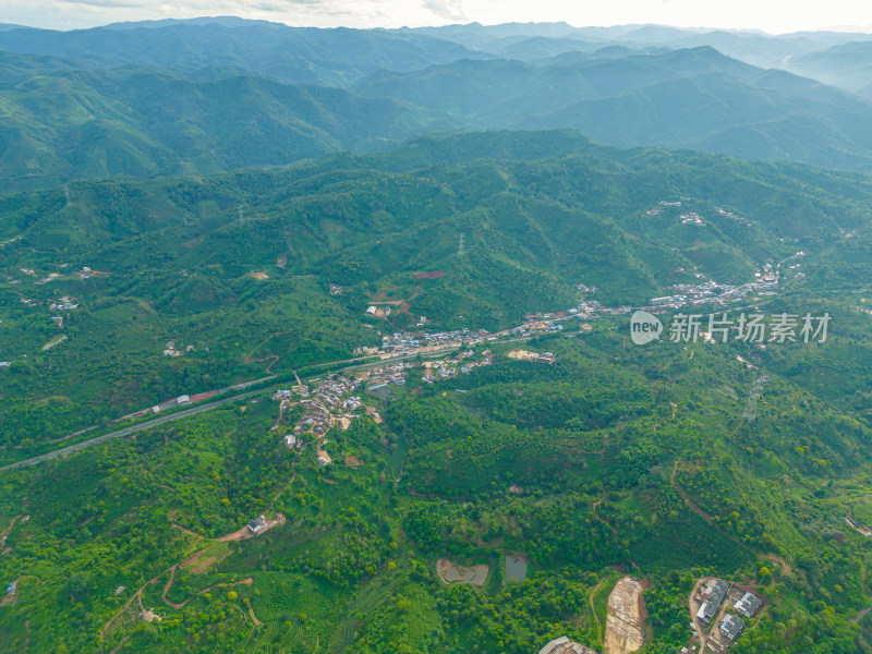 航拍天空高山农田田园村寨风光