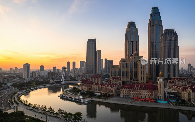 日出天津站海河津湾城市风景航拍