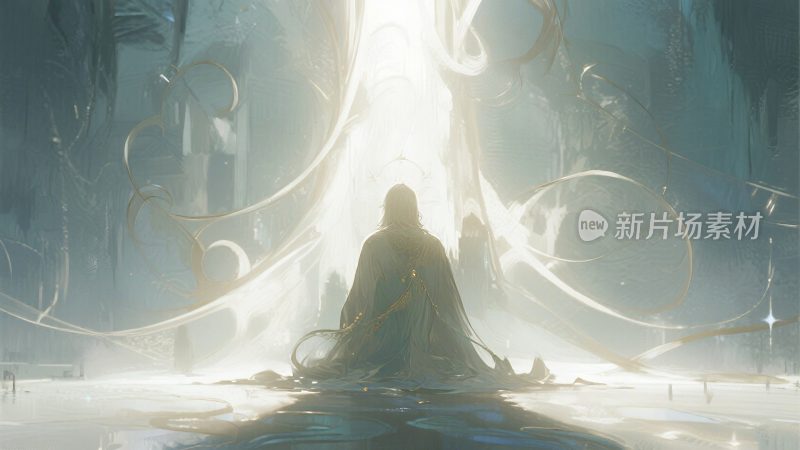 神秘人物于奇幻空间中静坐