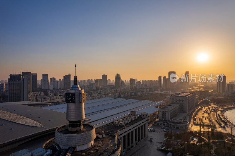 日出天津站海河津湾城市风景航拍