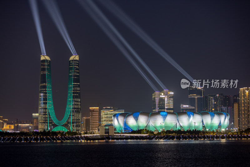 杭州亚运会 奥体中心 杭州之门夜景灯光秀