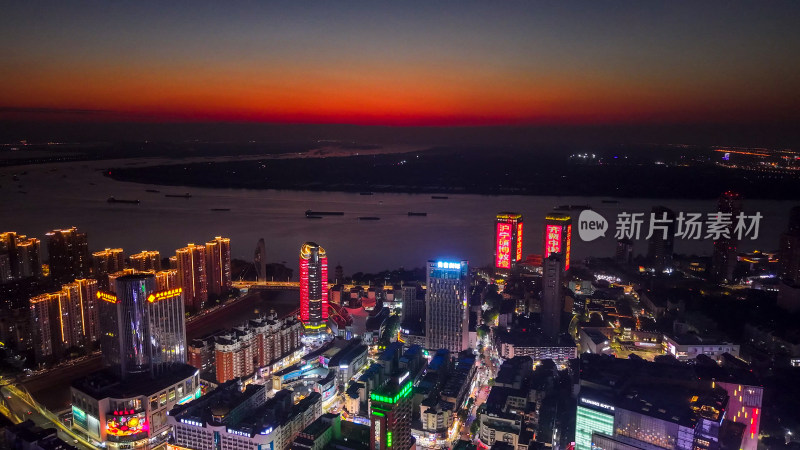 安徽芜湖城市晚霞夜景灯光航拍