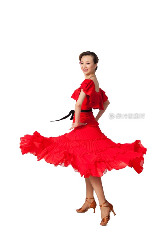棚拍穿红色连衣裙跳舞的年轻女人