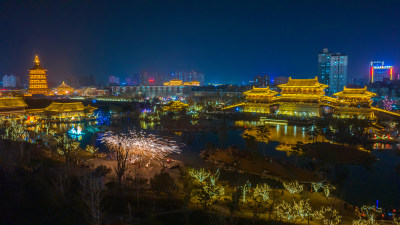 洛阳城市旅行隋唐洛阳城九州池景区夜景航拍