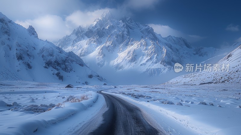 公路雪山天空自然风光