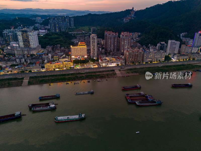 梧州晚霞夜幕降临航拍图