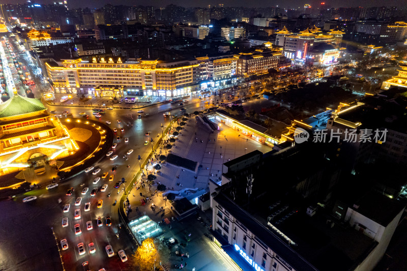 西安鼓楼夜景灯光航拍摄影图