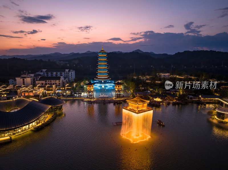 江西上饶网红景点婺女洲日落夜景航拍