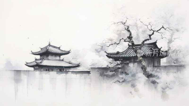 中国水墨画，南方徽派建筑