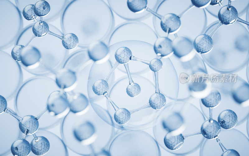 透明分子与蓝色背景3D渲染