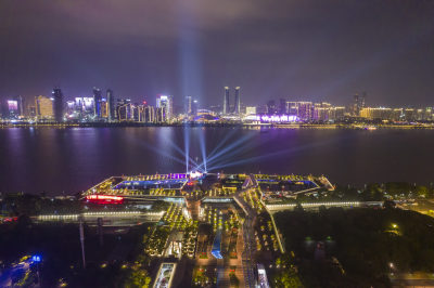 航拍浙江杭州城市夜景灯光杭州大景杭州地标