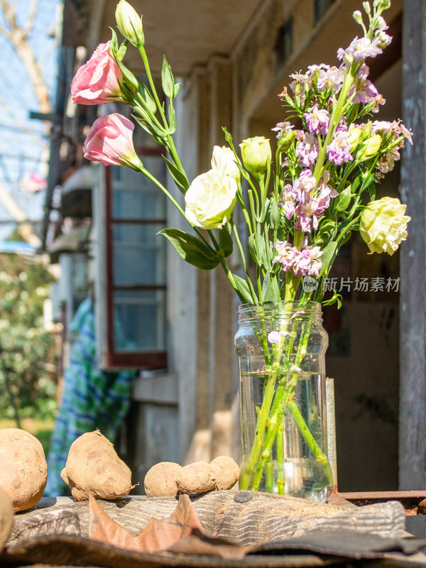 放有鲜花和土豆的室外透明花瓶场景