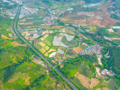 航拍天空高山农田田园村寨风光