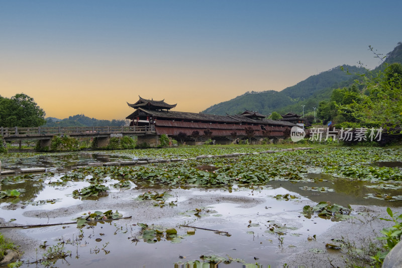 福建连城永隆廊桥景区晨曦航拍