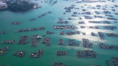 蓝色海洋大海海鲜养殖基地航拍