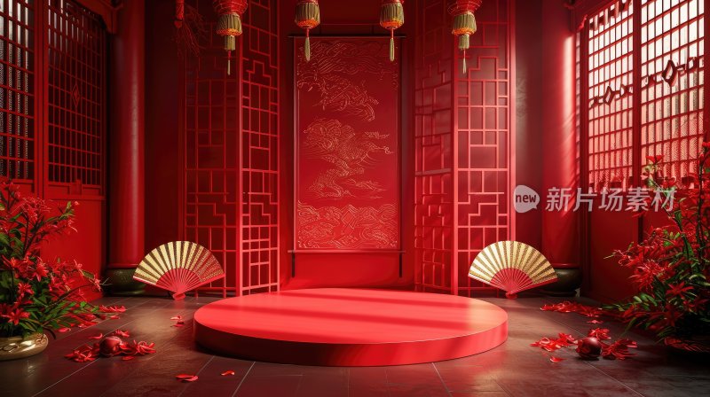 3D中式场景，红色喜庆电商产品展台