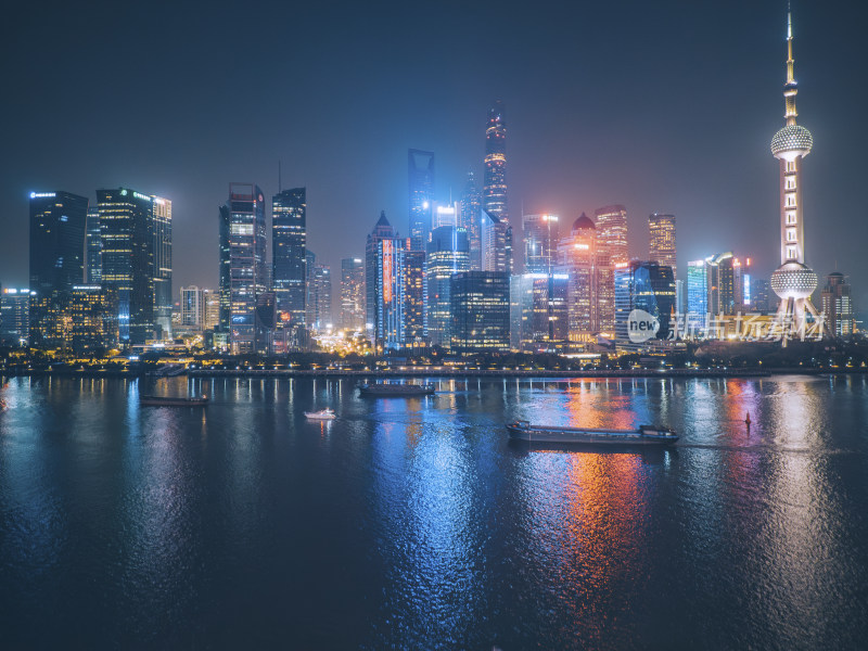 上海浦东新区城市天际线夜景航拍