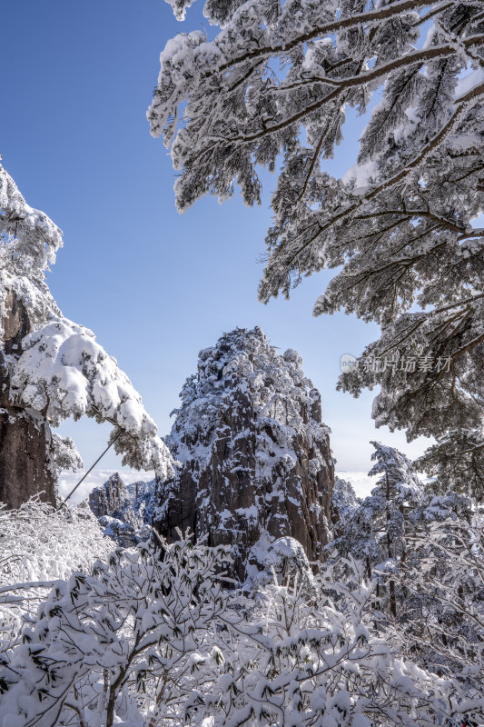 雪覆山林与岩石景观——雪后黄山石笋峰