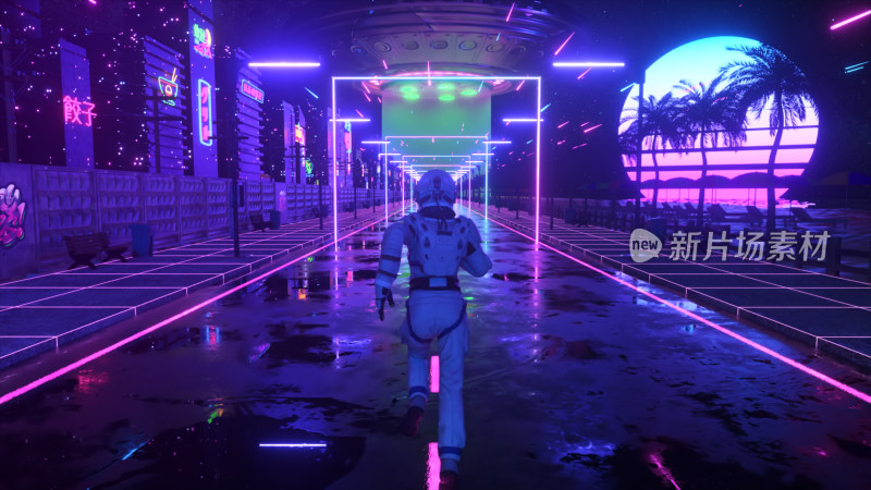 宇航员漫步赛博朋克风格街道