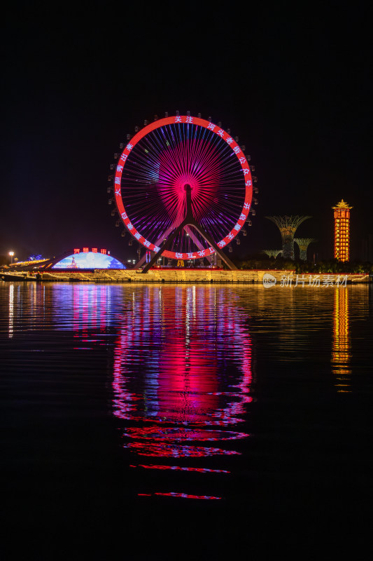 唐山惠丰湖唐山之光摩天轮夜景与湖光倒影