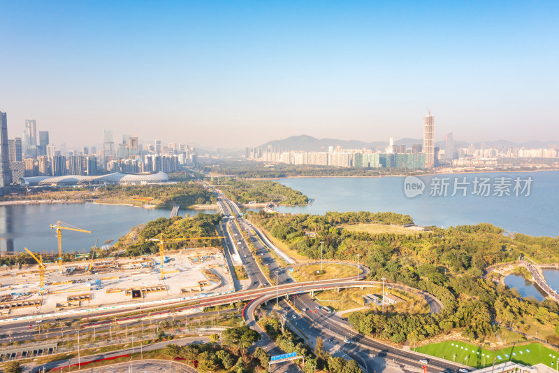 深圳后海深圳湾人才公园黄昏全景风光