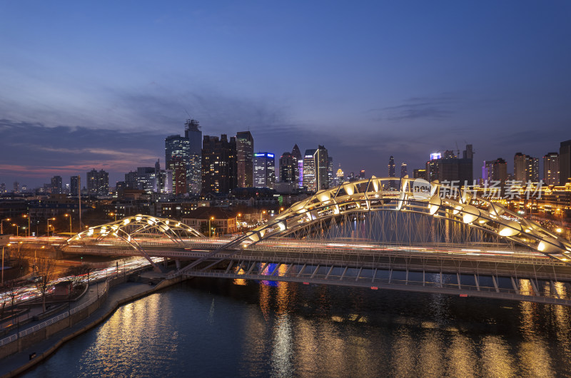 天津海河刘庄桥直沽桥日落城市建筑夜景航拍