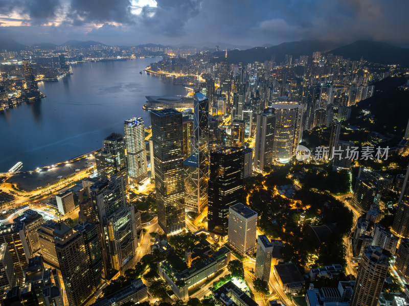 香港维多利亚港CBD中环夜景日出高空航拍