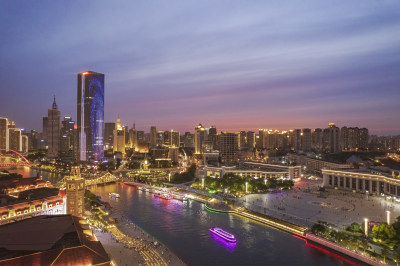 天津海河建筑津湾城市夜景日落晚霞风光