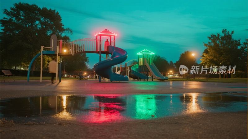夜晚公园儿童游乐设施场景