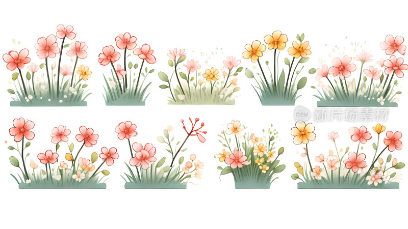 春天五颜六色的花草元素素材