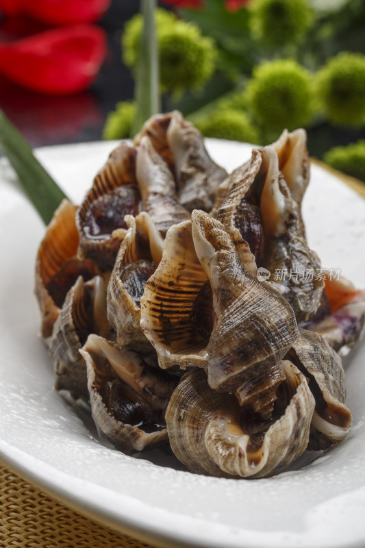 异形白瓷盘装的海鲜酱爆小海螺