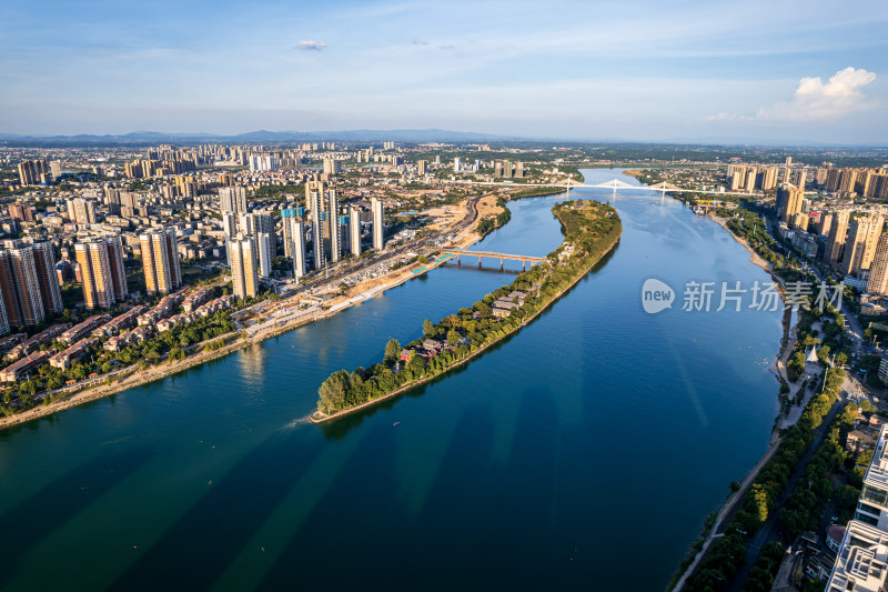 湖南衡阳湘江东洲岛夏日城市风光航拍