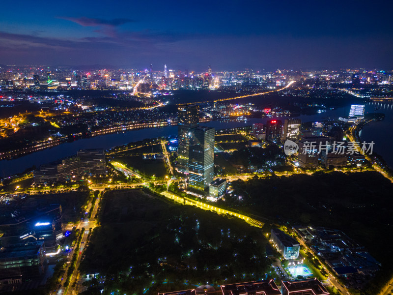 广州大学城生物岛日落夜景航拍