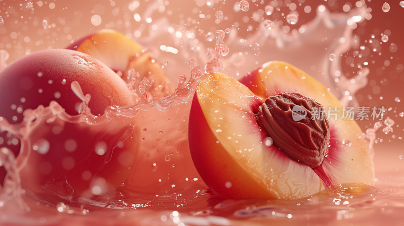 水蜜桃激起水花四溅冲击水果新鲜多汁健康