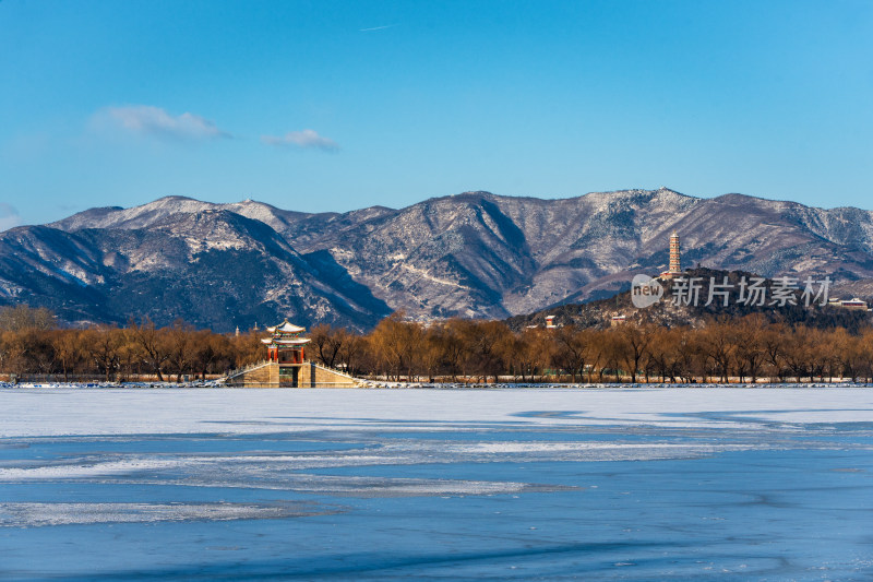 从颐和园遥望北京玉泉山与西堤练桥同框雪景