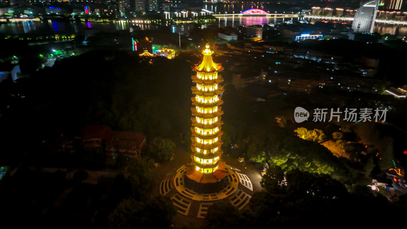 航拍湖北鄂州莲花山元明塔夜景