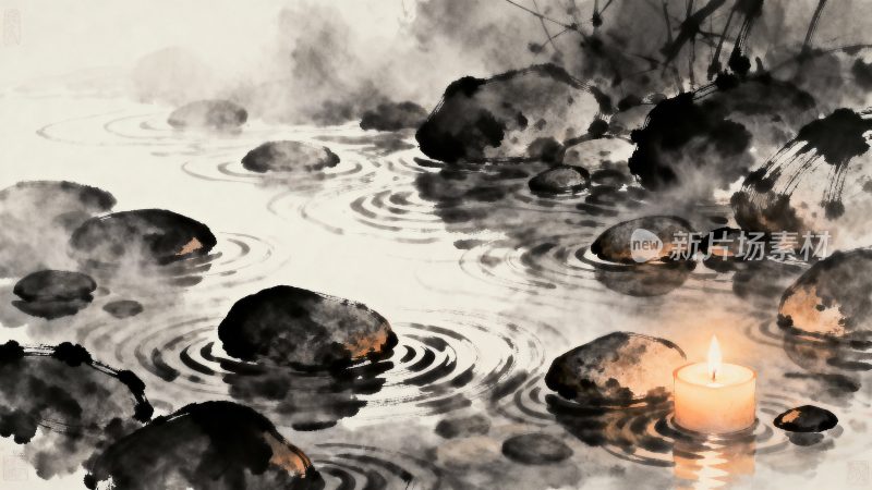 水墨山水间的烛光意境画面