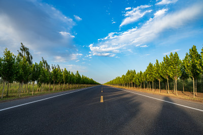 蓝天白云下空旷笔直的公路两旁种满了树