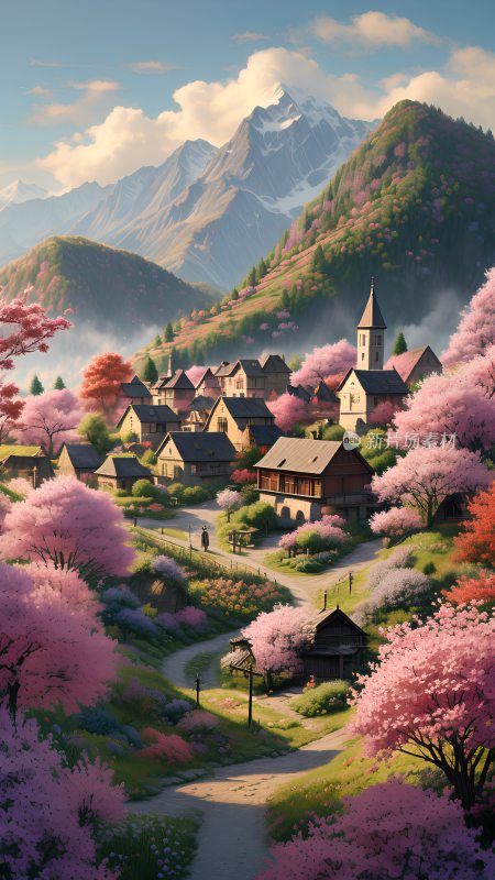 春天春暖花开的山谷中的村庄